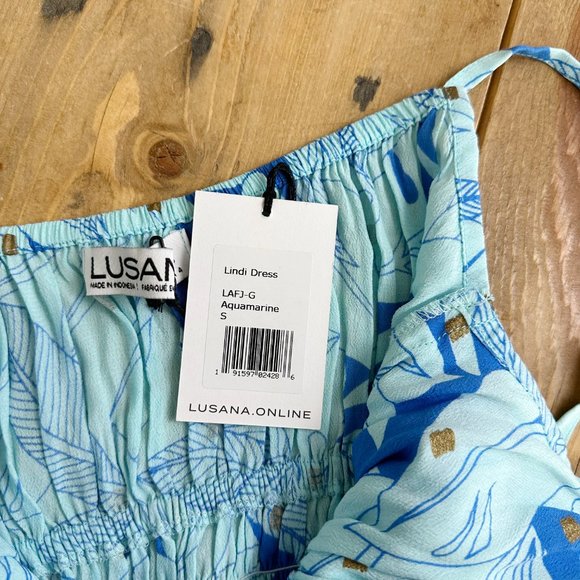 NWT Lusana Lindi Dress Aquamarine Size S, L Blue Gold Mini - Picture 6 of 8